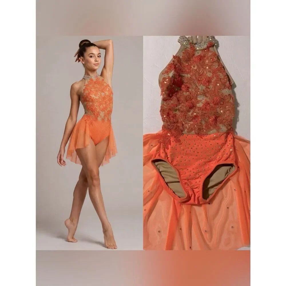 Custom competition solo dance costume orange dress nude illusion lyrical child 8